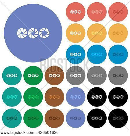 Set Aperture Size Multi Colored Flat Icons On Round Backgrounds. Included White, Light And Dark Icon