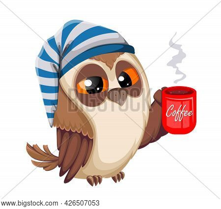 Owl With A Cup Of Coffee. Back To School Concept. Wise Owl, Cute Cartoon Character. Stock Vector Ill