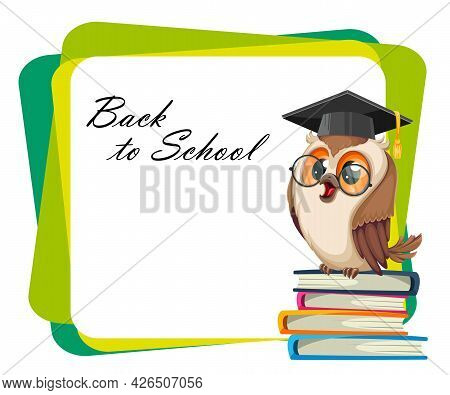 Owl In Graduation Cap Sitting On A Heap Of Book. Back To School. Wise Owl Cartoon Character. Stock V