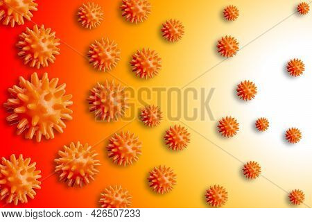 Background Image With A Coronavirus Infection Molecule. A Red Molecule On A Red-yellow-white Backgro