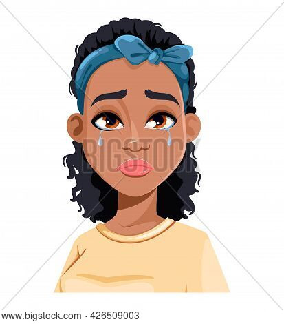 Face Expression Of African American Woman, Crying. Female Emotion. Cute Cartoon Character In Flat St