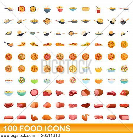 100 Food Icons Set. Cartoon Illustration Of 100 Food Icons Vector Set Isolated On White Background