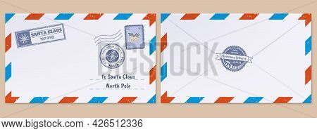 Christmas Santa Claus Letter. Xmas Holidays Wish List Letter, Mailing Envelope With Postmarks And St