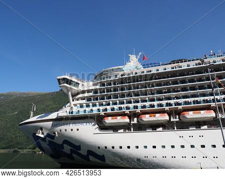 Flam, Norway On July 2019: Front Of Liner Sapphire Princess Cruises In Sogn Og Fjordane Region With 