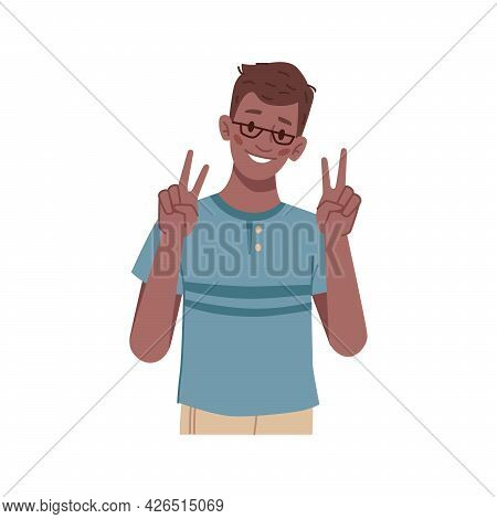 Gesturing Boy Showing Victory Or Peace Sign, Isolated Schoolkid Wearing Glasses. Symbol Of Success A