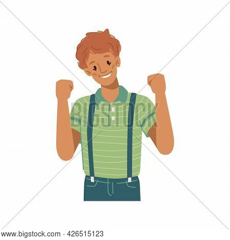 Boy Kid Raising Fists Gesturing And Celebrating Victory, Isolated Child Smiling And Enjoying Triumph