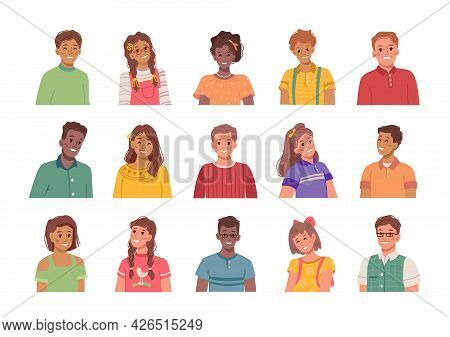 Portraits Of Smiling And Happy Children, Isolated Boys And Girls. Avatars Of Kids, Male And Female P
