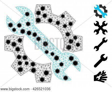 Mesh Service Tools Polygonal Icon Vector Illustration, With Black Virus Centers. Carcass Model Is Ba