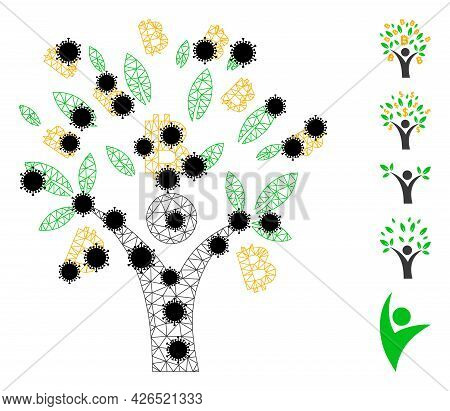 Mesh Bitcoin Tree Man Polygonal Icon Vector Illustration, With Black Coronavirus Nodes. Carcass Mode