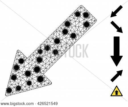 Mesh Left Down Arrow Polygonal Icon Vector Illustration, With Black Coronavirus Items. Carcass Model