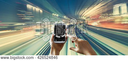 Compliance Concept With Person Using A Smartphone Over Abstract High Speed Technology Pov Motion Blu