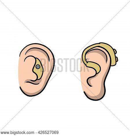 Hearing Aid. Audiphone In Ear. Set Of Cartoon Illustration. Hearing Problems And Disabilities