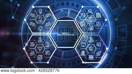 Concept Of Digitization Of Business Processes And Modern Technology. Digital Transformation. 3d Illu
