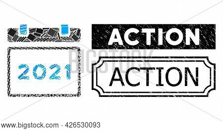 Collage 2021 Calendar United From Rectangle Elements, And Black Grunge Action Rectangle Badge With N
