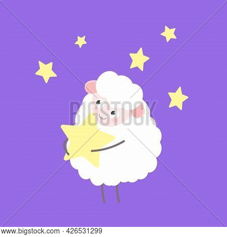 Cute Sheep Holding Star On Background Of The Sky.