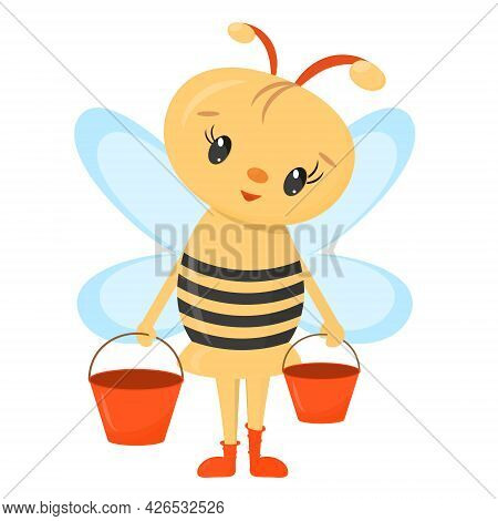 Cute Cartoon Little Bee With Honey Buckets