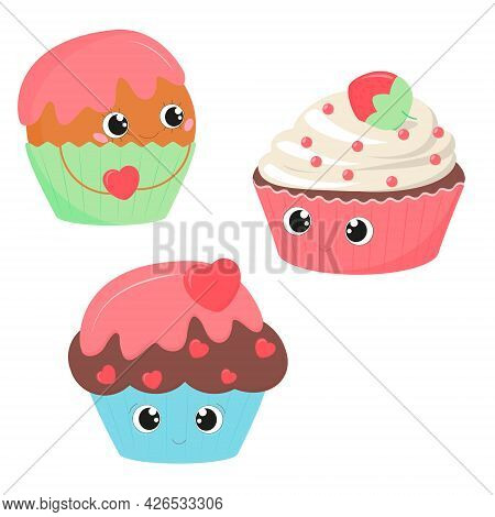Set Of Cute Cartoon Sweet Baking Cupcakes