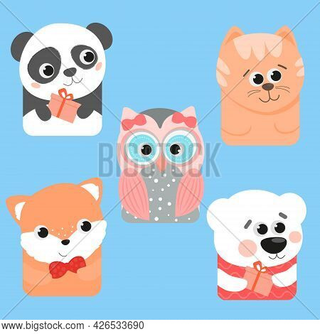 Cute Set For Party. Owl Polar Bear Cat Panda Fox