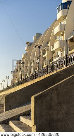 Kacha, Crimea-june 20, 2021: Landscape With A View Of The Apartment Complex By The Sea.