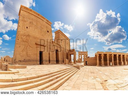Ancient Philae Temple Of Isis, Aswan, Egypt, Sunny Panorama.