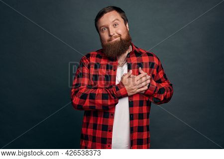 Stylish Modern Gay Man In Good Shape, Press Hands To Heart In Grateful, Touched Gesture, Smiling App