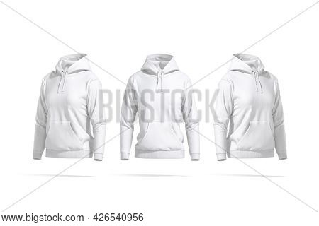 Blank White Women Sport Hoodie Mockup, Front And Side View, 3d Rendering. Empty Cotton Hooded Sweate