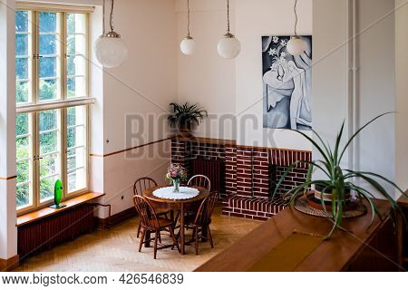 Prague, Czech Republic - July 12 2020: Villa Winternitz Living Room Or Main Hall Interior Designed B