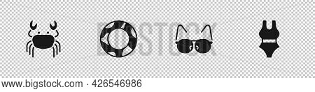 Set Crab, Rubber Swimming Ring, Glasses And Swimsuit Icon. Vector
