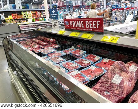 Orlando, Fl Usa - May 31, 2021: Fresh Cuts Of   Prime Beef Meat N The Refridgerated Meat Aisle Of A 