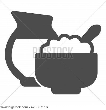 Vase With Milk And Curd Plate Solid Icon, Englishbreakfast Concept, Milk, Curd Vector Sign On White 