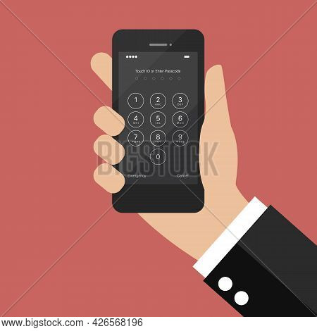 Hand Holding Smartphone With Login Screen And Entering Passcode. Vector Illustration