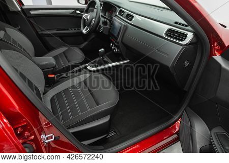 Novosibirsk, Russia - June 29, 2021: Renault Arkana, Interior Of New Modern Suv Car With Automatic T