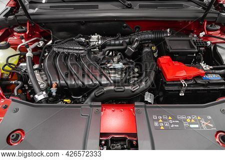 Novosibirsk, Russia - June 29, 2021: Renault Arkana, Close Up Detail Of New Car Engine