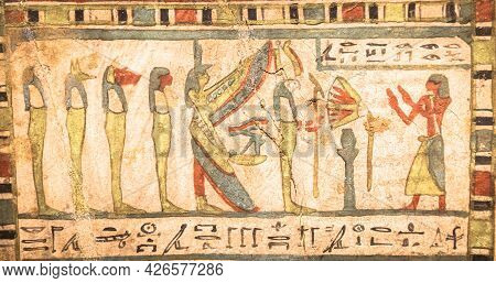 Turin, Italy - Circa May 2021: Egyptian Archaeology. Ancient Hieroglyphyc,  Ca. 580 Bc, With Isis An