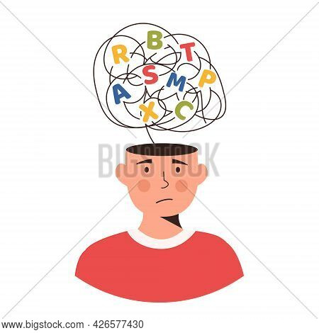 Confused Kid With A Cloud Of Scattered Letters Above His Head. Dyslexia Concept. Failing To Read. Le