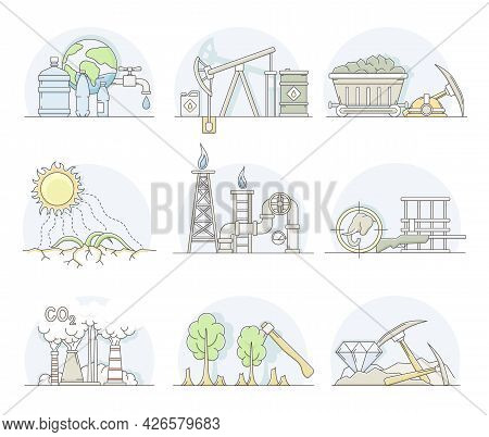 World Resources With Oil Extraction, Deforestation And Mining Line Vector Set