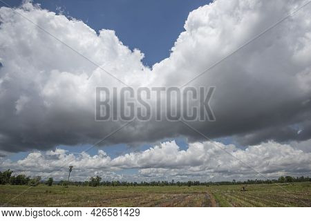 Storm Clouds Forming Over Rice Fields Signaling Start Of Rainy Season And Rice Productions