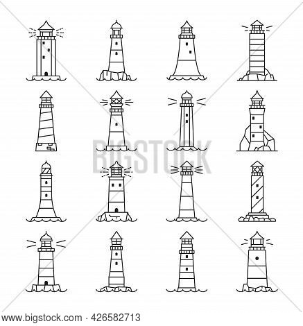 Lighthouse And Beacon Outline Icons, Vector Linear Buildings, Nautical Seafarers, Marine Safety Sail