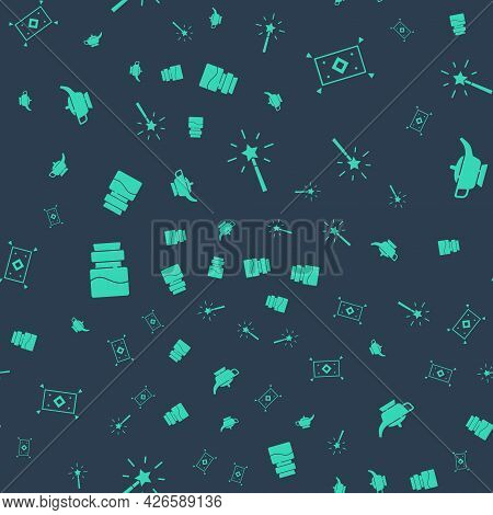 Set Magic Wand, Carpet, Bottle With Potion And Lamp Or Aladdin On Seamless Pattern. Vector