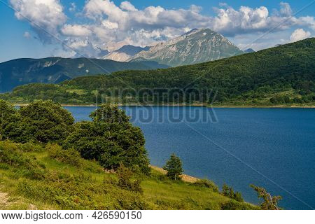 Lake Of Campotosto In Abruzzo, Italy. A Huge Artificial Lake At 1400 Meters Above Sea Level, In The 
