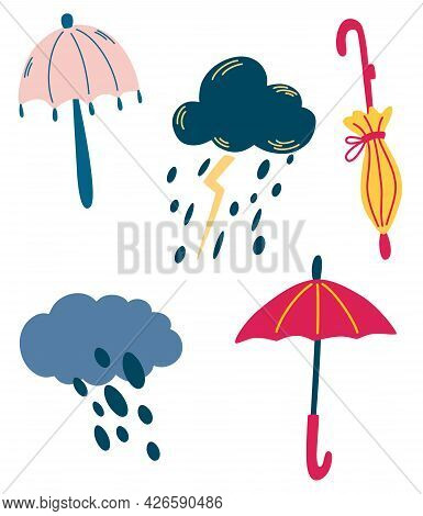 Set Of Clouds And Umbrellas. Rainy Weather. Thunderstorm, Rain, Clouds. Cute Abstract Umbrellas. Wea
