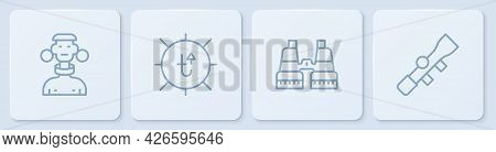 Set Line African Tribe Male, Binoculars, Sun And Sniper Optical Sight. White Square Button. Vector