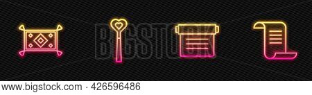 Set Line Ancient Magic Book, Magic Carpet, Wand And . Glowing Neon Icon. Vector