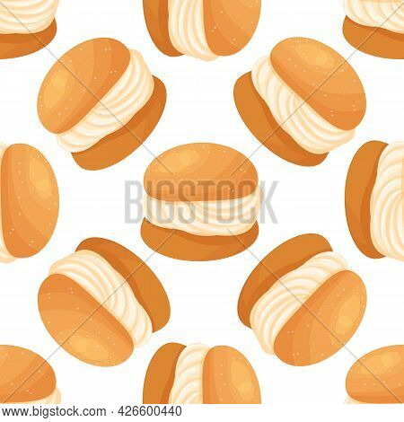 Traditional Swedish Sweet. Semla Seamless Pattern Vector Illustration In The Cartoon Style.