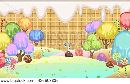 Sweets. Waffle Wall With Drips Of Milk Cream. Trees With Vanilla Cream, Ice Cream And Jelly. Chocola