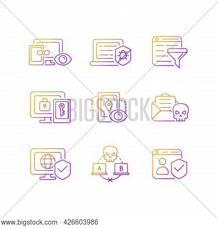 Internet Surveillance Gradient Linear Vector Icons Set. Cross-device Tracking. Multi-factor Authenti