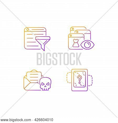 Network Surveillance Gradient Linear Vector Icons Set. Filter Bubble. Online Behavioral Tracking. Em