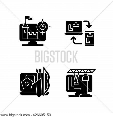 Online Playing Black Glyph Icons Set On White Space. Users Have Special Role In Scenario. Intelectua