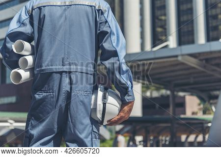 Engineer Man Hands Holding Hardhat White Work Helmet Hard Hat For Construction Engineering. Construc