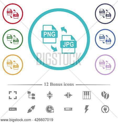 Png Jpg File Conversion Flat Color Icons In Circle Shape Outlines. 12 Bonus Icons Included.